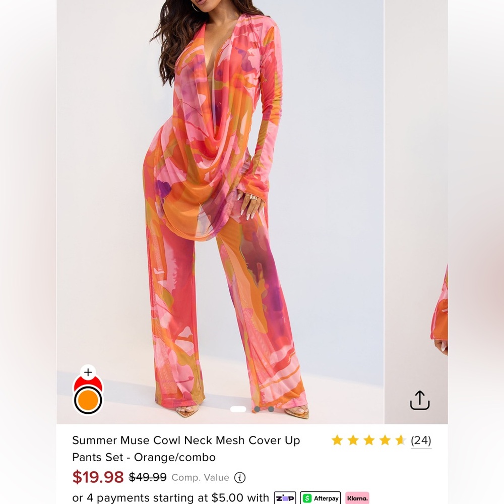 Vibrant Cowl Neck Mesh Cover Up Pants Set